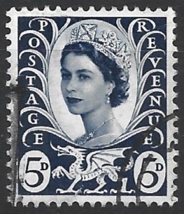 Regional definitive issue: dragon of Wales, Queen Elizabeth II, and leek leaves surrounding her