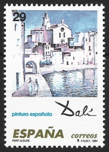 "Port Alguer" (oli sobre tela, 1923): La visió estructuralista de Cadaqués a partir de la rosassa de l’església i les formes cúbiques del conjunt, fundada en la concepció del purisme, contrasta amb el mar i els seus reflexos, representats per un seguit de pinzellades impressionistes. Els dos personatges femenins són nadives amb el típic doll verd al cap. (Teatre-Museu Dalí, Figueres, 2014) 